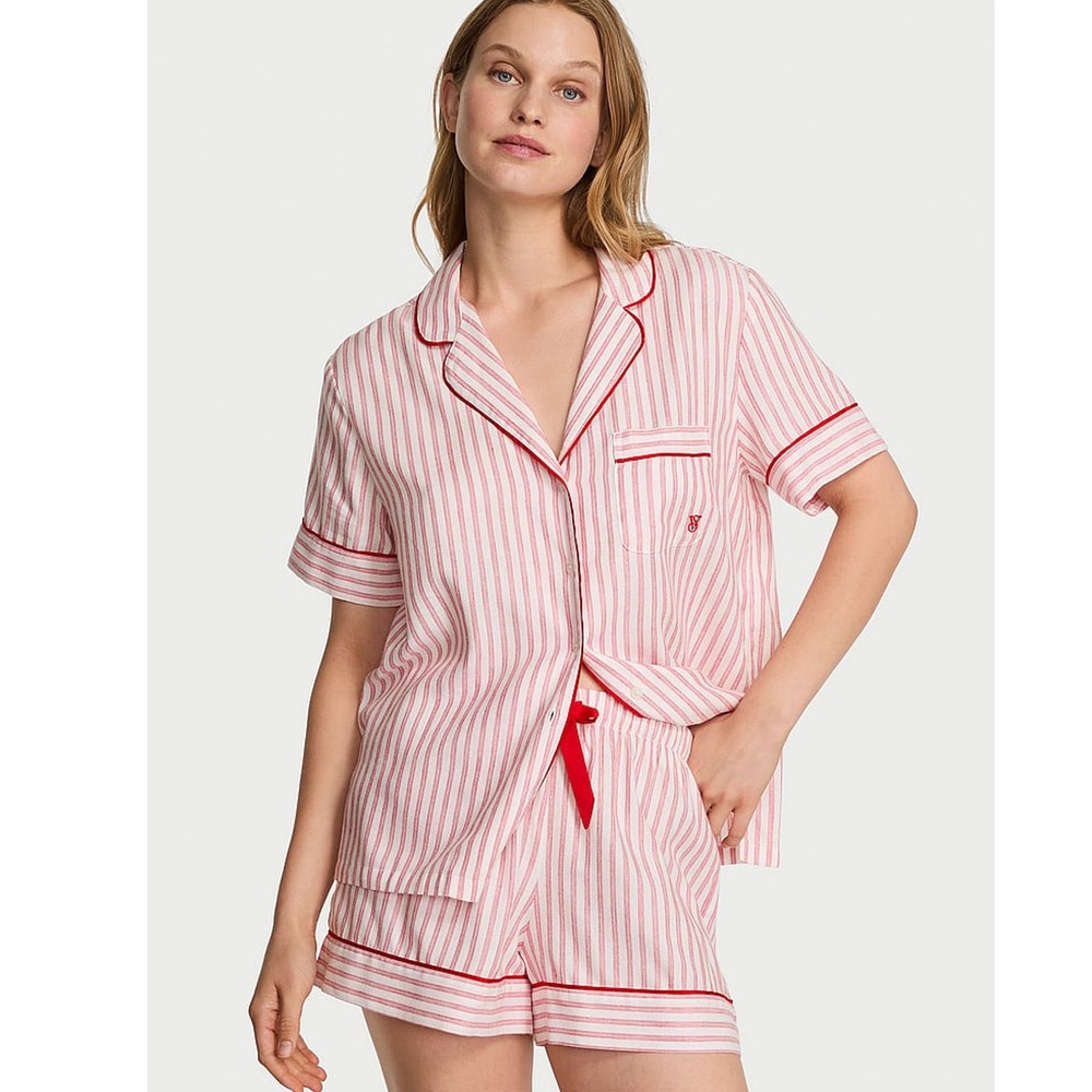 Victoria's Secret Flannel Short Pajama Set Red White Medium New With Tags
